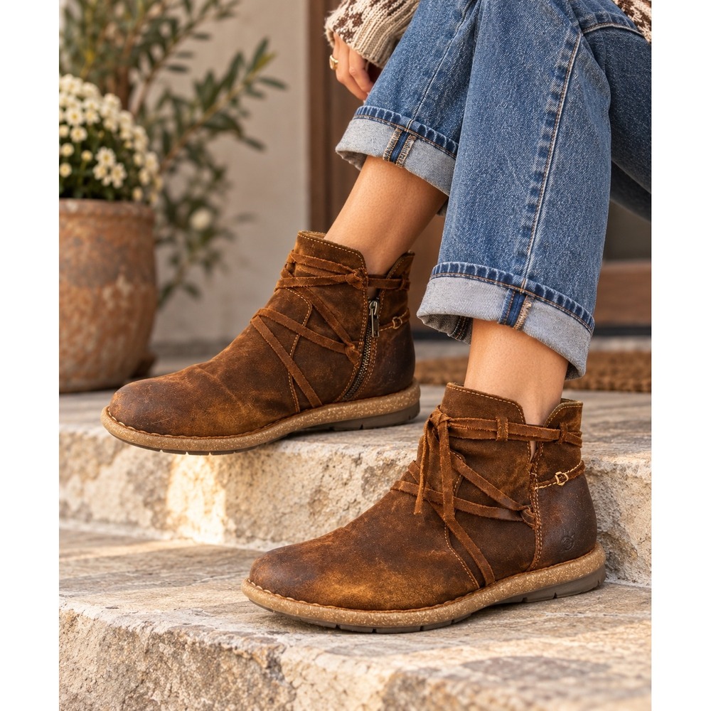 Born Tarkiln Glazed Ginger Distressed Leather Ankle Boots Women's 11 Brown